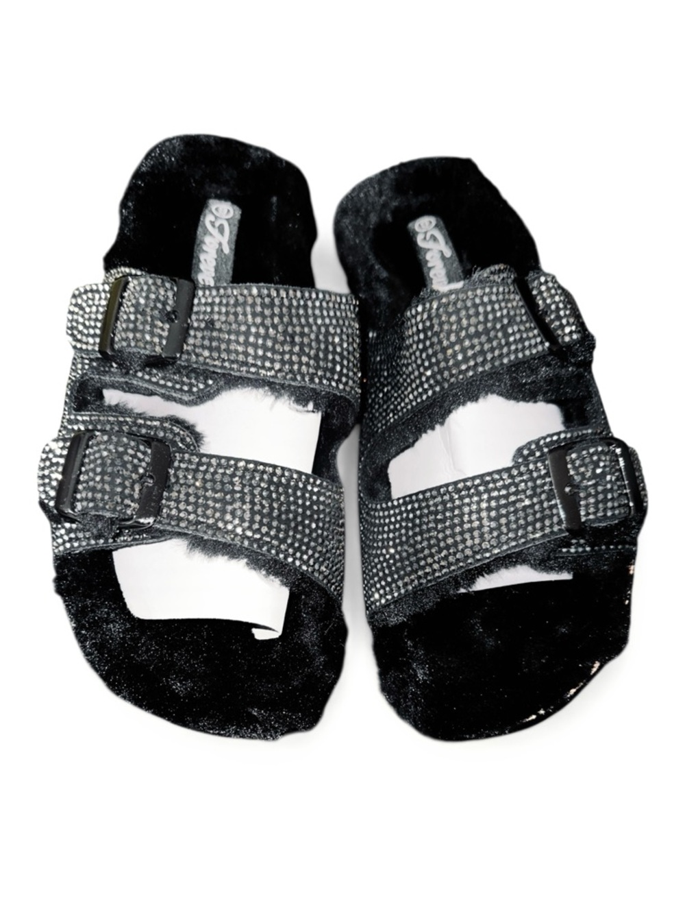 Forever Link Benefit-31 Rhinestone Black Faux-Fur Double-Buckle Slide Sandals 🖤💎 - Picture 6 of 9
